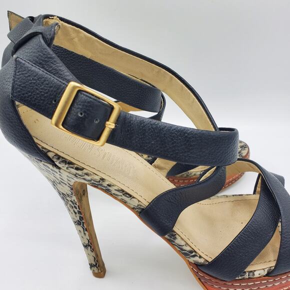 Colin Stuart Leather Cross Strap Faux Snakeskin Stacked Platform Heel Sandal - Picture 10 of 10